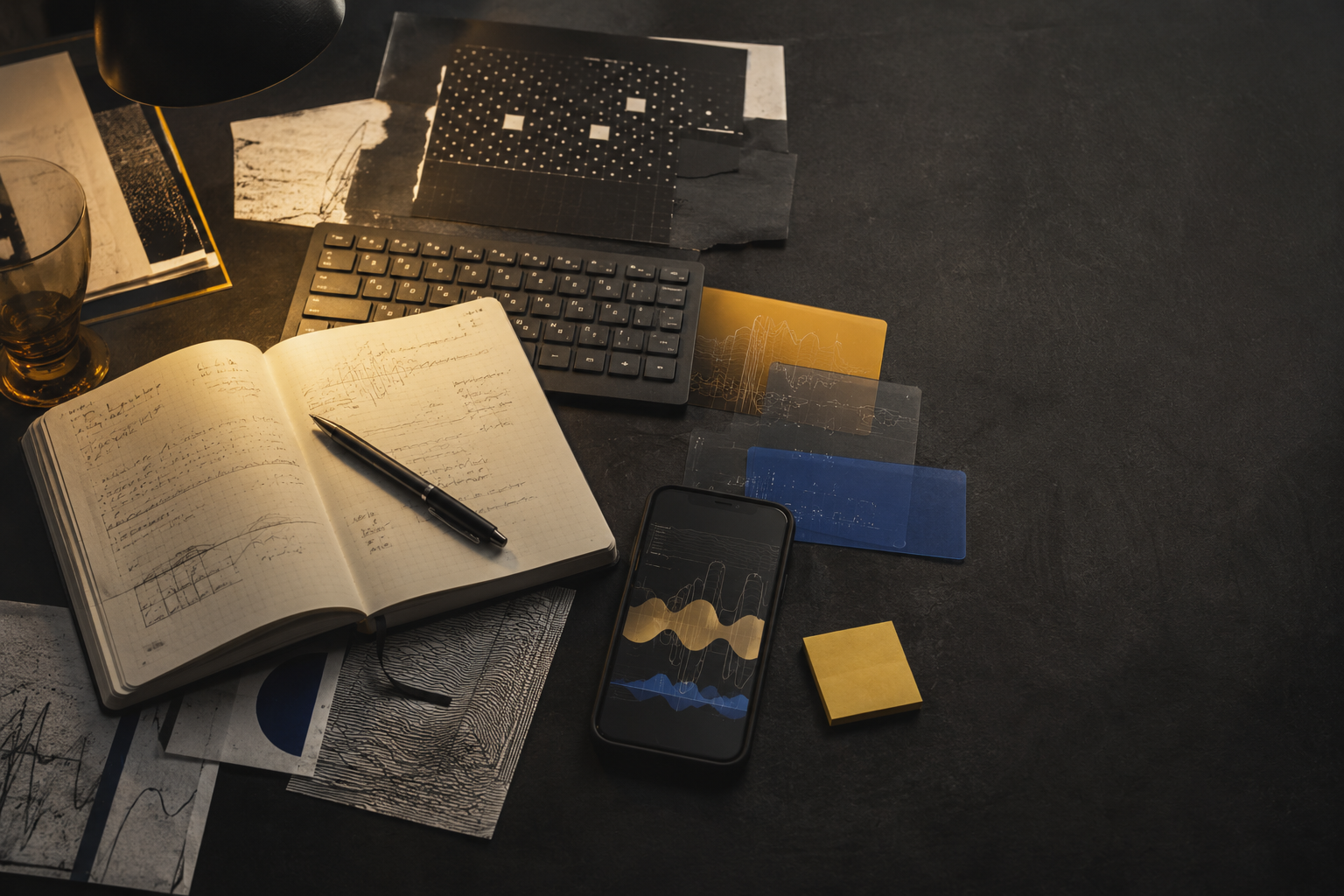 An editor’s desk with a notebook, keyboard, phone and AI interface cards